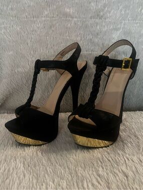 Black Braided T-Strap Platform Heels with Gold Accent
